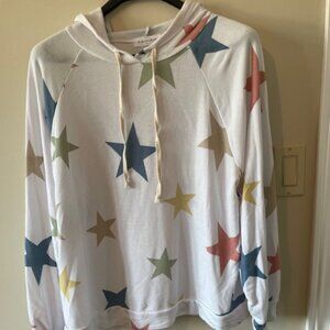 FIRST LOVE White Long Sleeved Hoodie w printed coloured stars  Sz L NWT